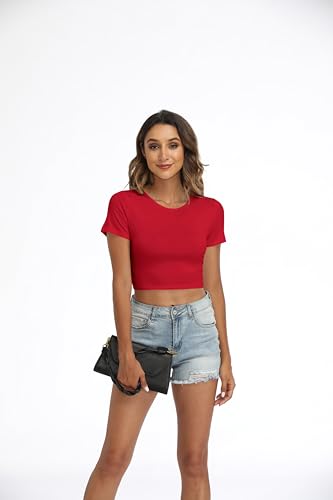 Womens Crew Neck Stretchy Crop Top Short Sleeve Shirt - Red / X-Small
