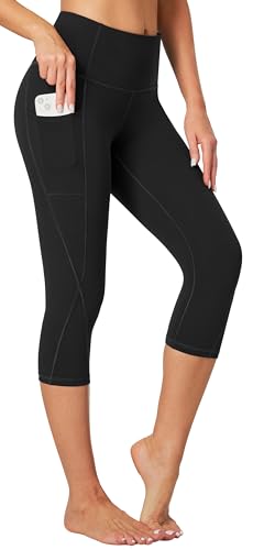 High Waisted Capri Leggings with Pockets for Women - Black, Large