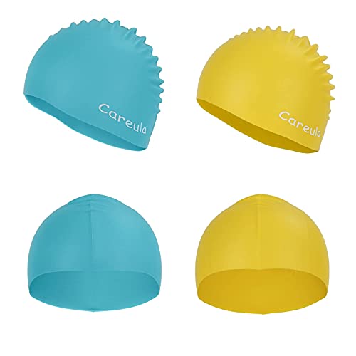 Kids Swim Caps 2 Pack - Durable Silicone Aqua & Yellow Large (Age 9-12)