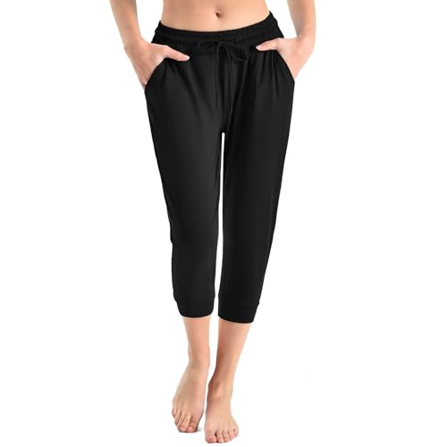 Walifrey Women's Cropped Capri Pants with Pockets - Large Black Joggers