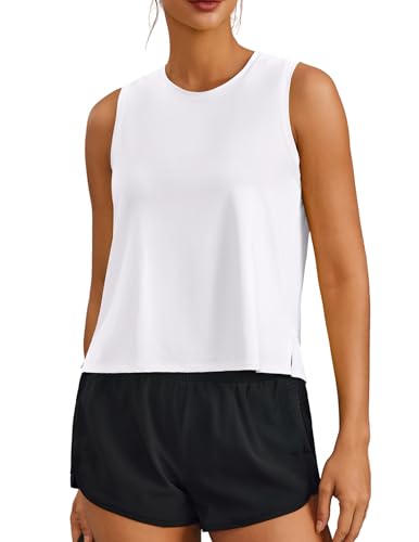 Cooling Crop Tank Top for Women - UPF 50+, Quick-Dry, Small/White