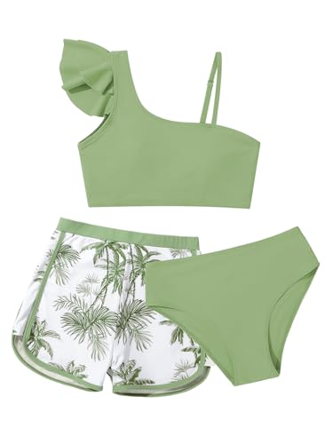 Girls 3-Piece Ruffled Bikini Swimwear Set with Shorts - 15-16 Years Light Green