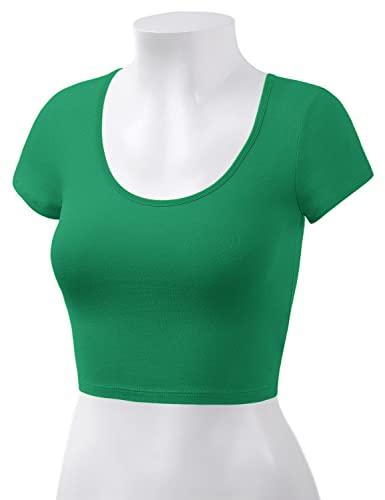 Cotton Crop Top for Women - Short Sleeve Scoop Neck - Small Kelly Green
