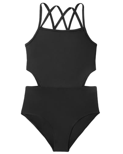 One Piece Swimsuit for Teens - Cut Out Crossback - Black, 12-13 Years