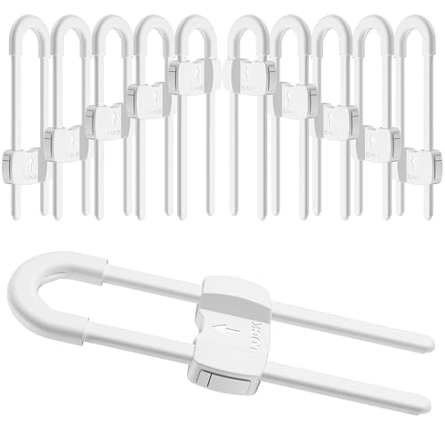 (10 pack white) 4 button Cabinet Locks, U-Shaped Proofing Drawers Safety Child Locks Adjustable, for Wardrobe,Kitchen,Bathroom,Drawer,Fridge,Cupboard Doors Knobs & Handles