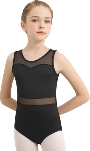 Girls Ballet Leotard Mesh Dance Top with Lining - Black, 10-12 Years