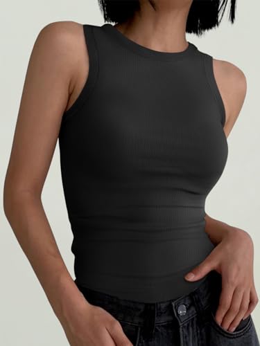 Womens Sleeveless High Neck Ribbed Tank Top - Casual Slim Fit
