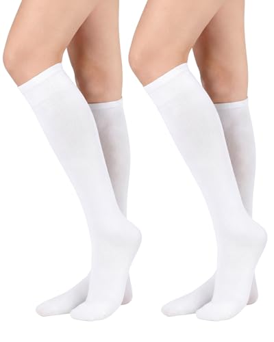 Knee High Long Socks for Women - Soft Thin Tube Socks - 2 Pairs Pure White