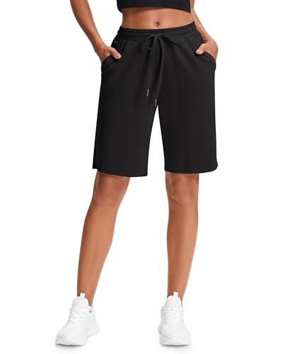 Stelle Women's Cotton Bermuda Shorts 10" Sweat Shorts with Deep Pockets - Black, Large