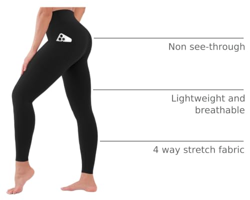 High Waist Leggings for Women - Opaque Tummy Control Pants with Pockets - Full Length, Black, Large-X-Large