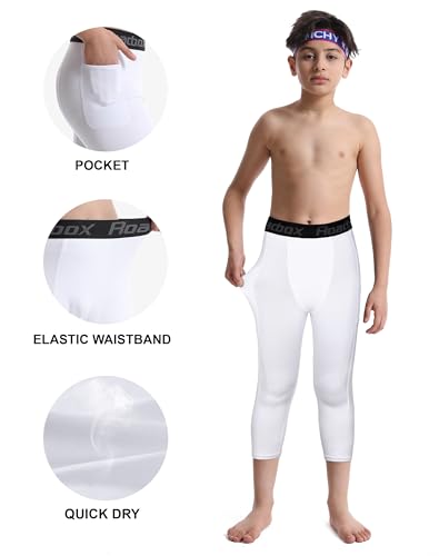 Boys 3/4 Compression Leggings with Pockets - White, X-Large