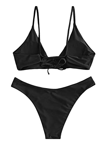 ZAFUL Women's Black Tie Back Padded High-Cut Bikini Set - Small
