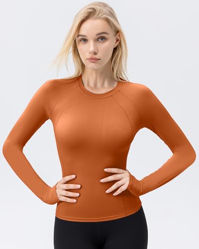 Women's Compression Long Sleeve Workout Shirt with Thumb Holes - Orange, X-Large