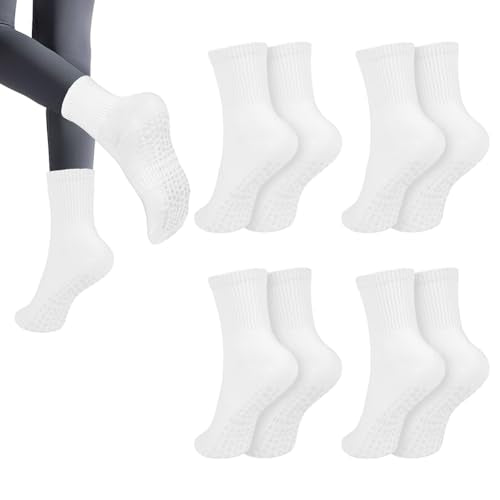 Yoga Socks for Women - Non-Slip Cotton Mid Calf - 4 Pairs White