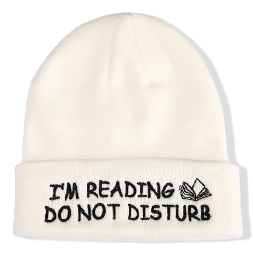 Book Lover Embroidered Beanie Hat - Reading Gift for Bookworms - White
