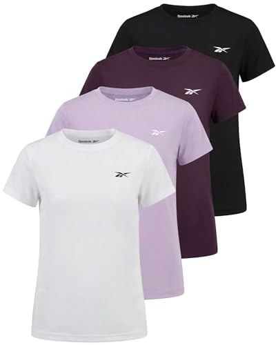 Reebok Girls' Mesh T Shirt 4 Pack - Athletic Tops for Kids & Teens, Solid Black, Plum, Orchid, White