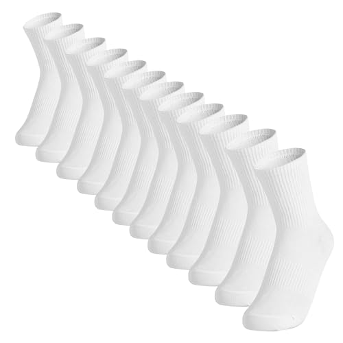 Cushioned Crew Socks for Women and Men - White, Size 8.5-9.5 (12 Pairs)