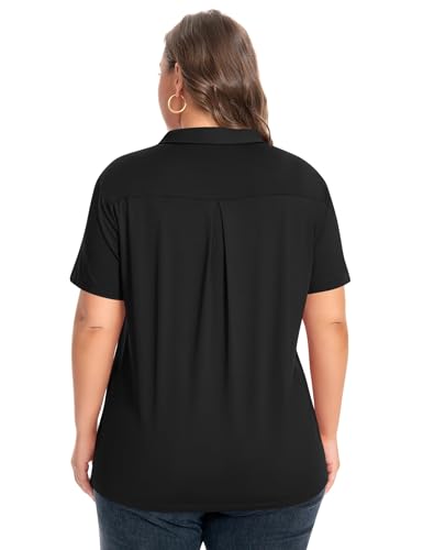 Idtswch Women's Plus Size Black 2X V-Neck Short Sleeve Golf Polo UPF 50+ Quick Dry