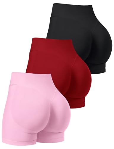 OLCHEE Women's 3-Pack Seamless Gym Workout Shorts with Scrunch Butt, 2.6/4.1/6 Inch Inseam, Medium, Black/Red/Light Pink