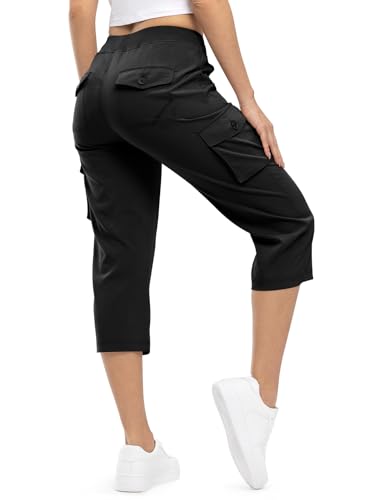 TBMPOY Womens Cargo Capris - Large Black Quick-Dry Hiking Pants, 6-Pocket