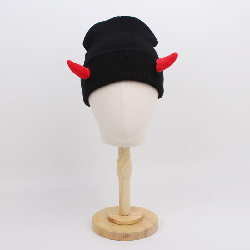 Womens Halloween Devil Horn Hat Skull Hat Warm Knitted Winter Beanie Cuffed Funny Alt Emo Scene Cap Y2k Accessories (US, Alpha, One Size, Black-Red)
