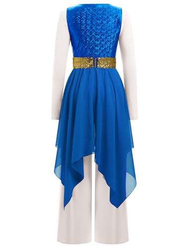 IBAKOM Women's Worship Dance Tunic & Metallic Jumpsuit Set - Royal Blue & White, Medium