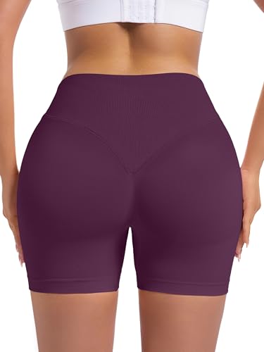 Women’s Seamless Workout Shorts with Scrunch & Lifting Effect - 3 Pack, Black/Dark Grey/Cherry Purple, Medium