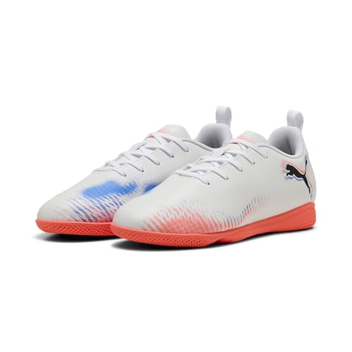 PUMA Kids' Future Play Indoor Soccer Shoes – 5 Big Kid White/Black/Glowing Red Ah25