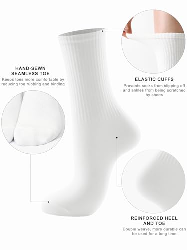 Casual Athletic Crew Socks for Women - 3 Pairs, Size 6-11 (White)