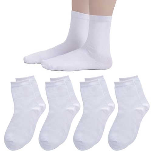 Kids Crew Socks - 4 Pack Soft Cotton Seamless Toe - Medium White