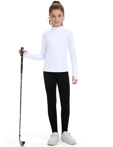 HASMES Girls Long Sleeve Turtleneck Shirt - Kids Athletic Top, 7-8 Years, White