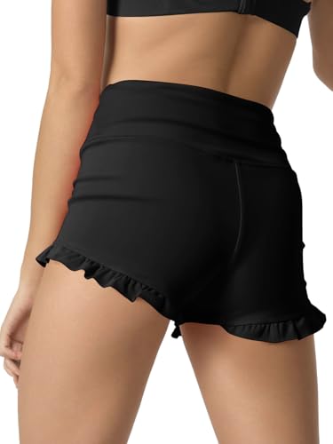 Girls High Waisted Athletic Yoga Shorts - Ruffle Biker Dance Shorts - Black Small