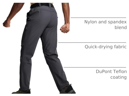 Zoofly Men's Lightweight Cargo Hiking Pants - Waterproof, Quick Dry, 6 Pockets, 34W x 30L, Dark Grey
