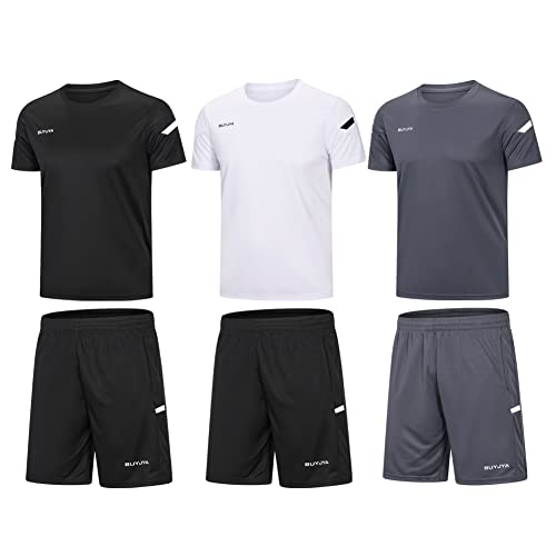 BUYJYA Men's Athletic Shorts & Shirt Set 3 Pack - Basketball Football Gym Workout (Large, Black/White/Grey)