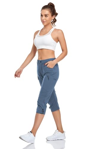 GymBrave Women's Medium Stone Blue Quick Dry Cargo Pants with Zipper Pockets - Water Resistant UPF 50 Outdoor Hiking & Camping Capris