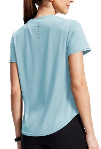 Womens Summer Workout T-Shirt - Short Sleeve Crewneck - Large Blue
