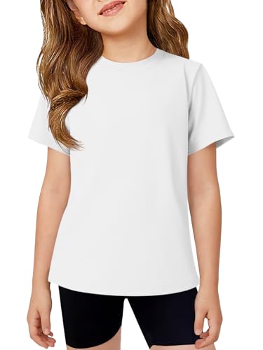 Girls Short Sleeve Athletic Shirt - Quick Dry Workout Top - White - 11-12 Years
