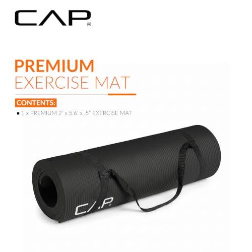 High Density 1/2-Inch Yoga Mat with Strap - Black