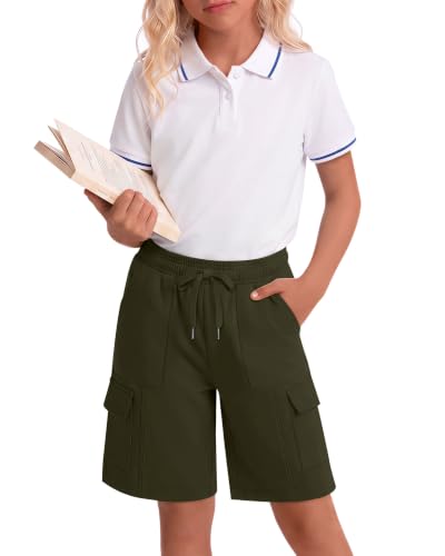Girls Cargo Bermuda Shorts - Army Green, 9-10 Years