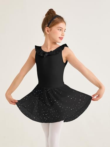 Girls Ballet Leotard with Ruffle Trim & Removable Skirt - Black, 5-6 Years