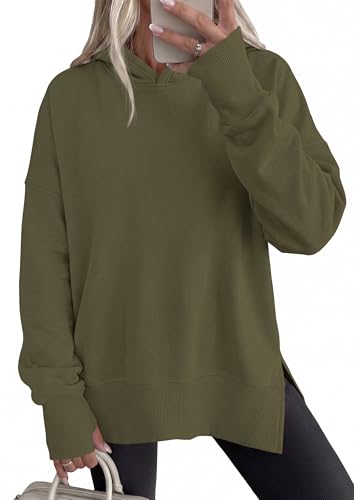 PrettyGarden Women's Oversized Hoodies with Side Slits - Army Green, Medium