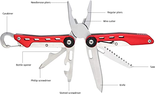 Amazon Basics 10-in-1 Stainless Steel Multitool with Red Aluminum Frame - Pliers, Wire Cutter, Knife, Saw, Screwdrivers, Bottle Opener, Carabiner (10-in-1, Red)