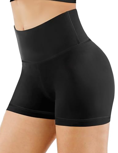 High Waisted Biker Shorts for Women - Soft Stretch Tummy Control - Black, Large