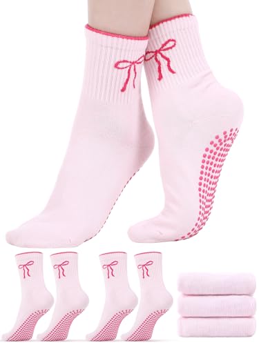 Pilates Grip Socks for Women - Non-Slip, 3 Pairs, Pink Bow