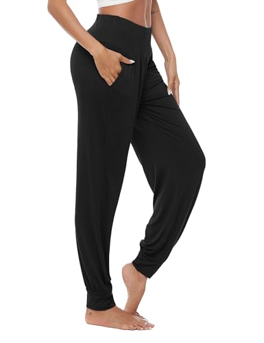 AvaCostume Women's Loose Yoga Harem Pants with Pockets - Large Black