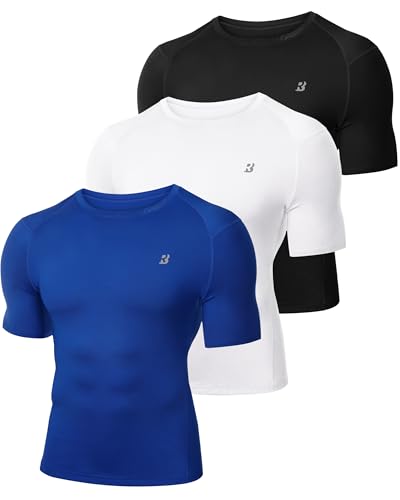 Roadbox Men's Compression Shirt Short Sleeve - Small Black/White/Royal Blue 3-Pack Athletic Workout Tops