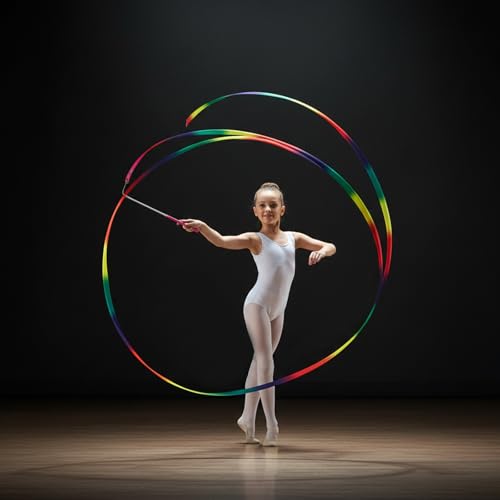 2Pcs Colorful Dancing Ribbons with Wands - Neon Rainbow Gradient