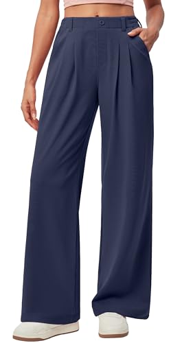 Dark Blue Wide Leg Dress Pants for Women Pull-On Business Casual Workwear Large