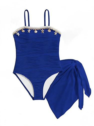 One Piece Swimsuit with Cover Up Set for Girls - Dark Blue, Size 11-12