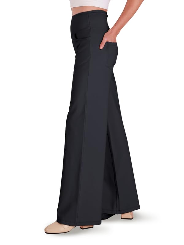 Houmous Wide Leg Cotton Yoga Pants for Women, High Waist, Pockets, 28" Inseam, X-Large, Black